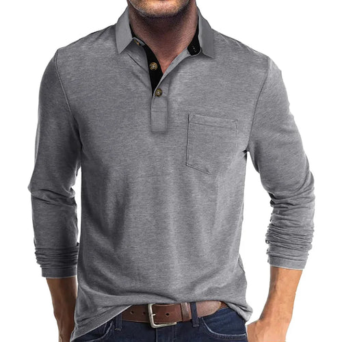 Men's Long Sleeve Casual Solid Lapel Button Up Turn Down Collar Polo Shirt