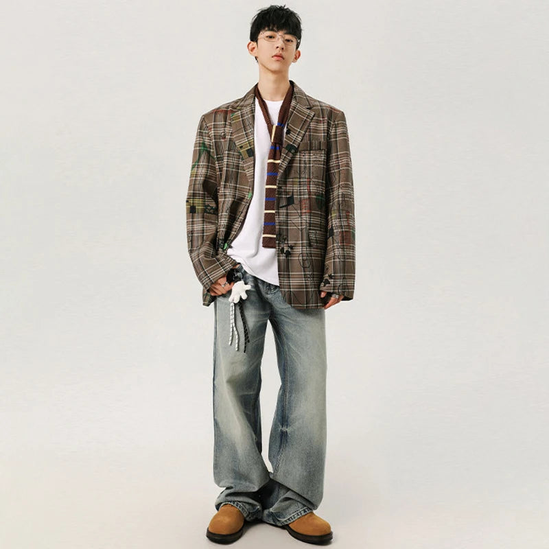 Checked Graffiti Printed Blazer Coat Men's Autumn Loose High Quality Handsome Jacket