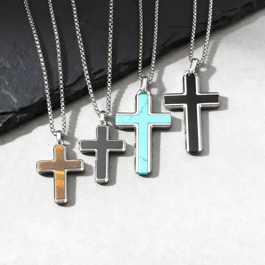Stylish Men's Natural Onyx Necklace Waterproof Stainless Steel Cross Pendant