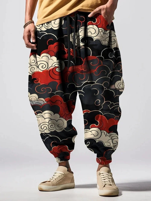 Men's Cloud Japanese Print Loose Drawstring Waist Sweatpants Oversized Harem Pants