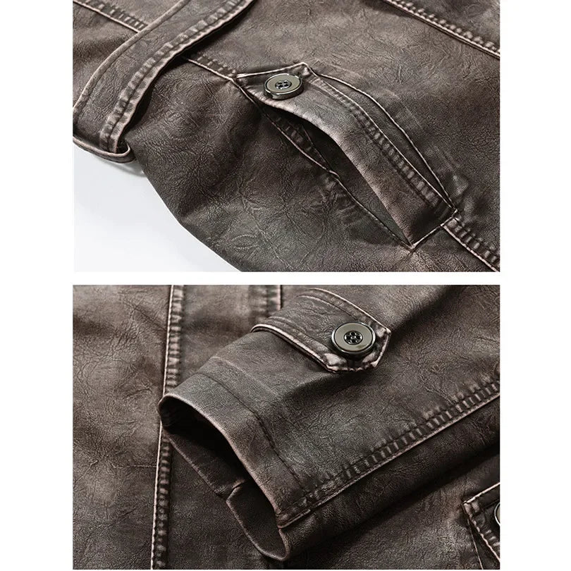 Men's Thick Fleece Leather Jacket Long Vintage Steampunk Biker clothing