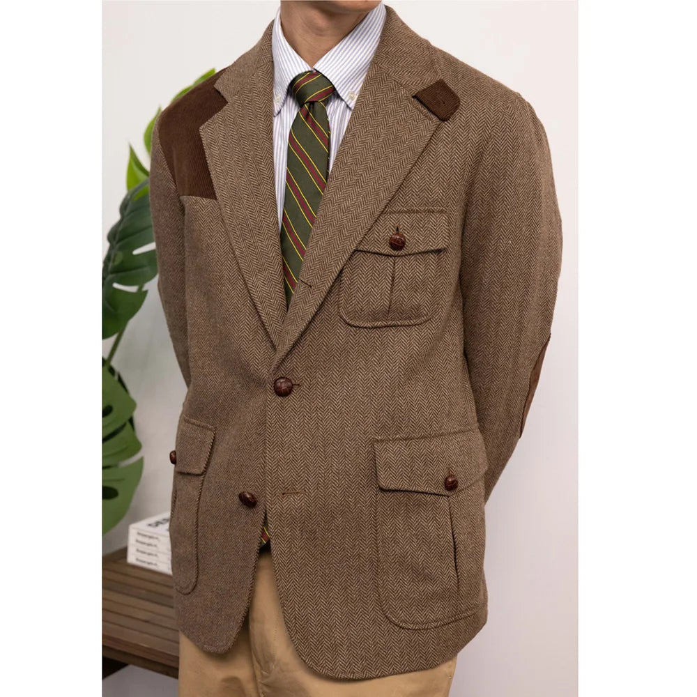 Retro Men's Suit Jacket Brown Blazers Single breasted Multiple Pockets Casual Top