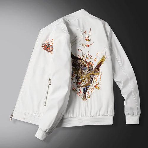 Chinese Men's Embroidered Stand Neck Zipper Jacket Solid Color Long Sleeve Coat