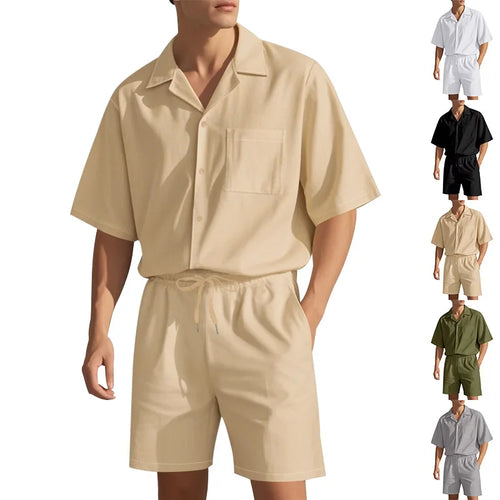 American Summer Men's Loose Casual Trend Beach Lapel Short Sleeve Shirt/Shorts Suit