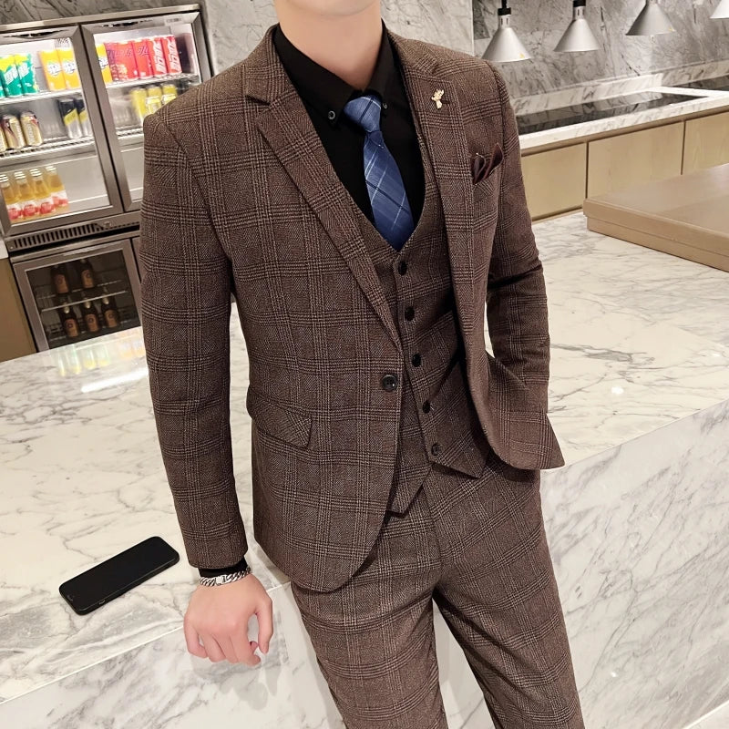 Men's British Three-piece Set Slim Fit Suit Vest Trousers Ensemble Handsome All-in-one