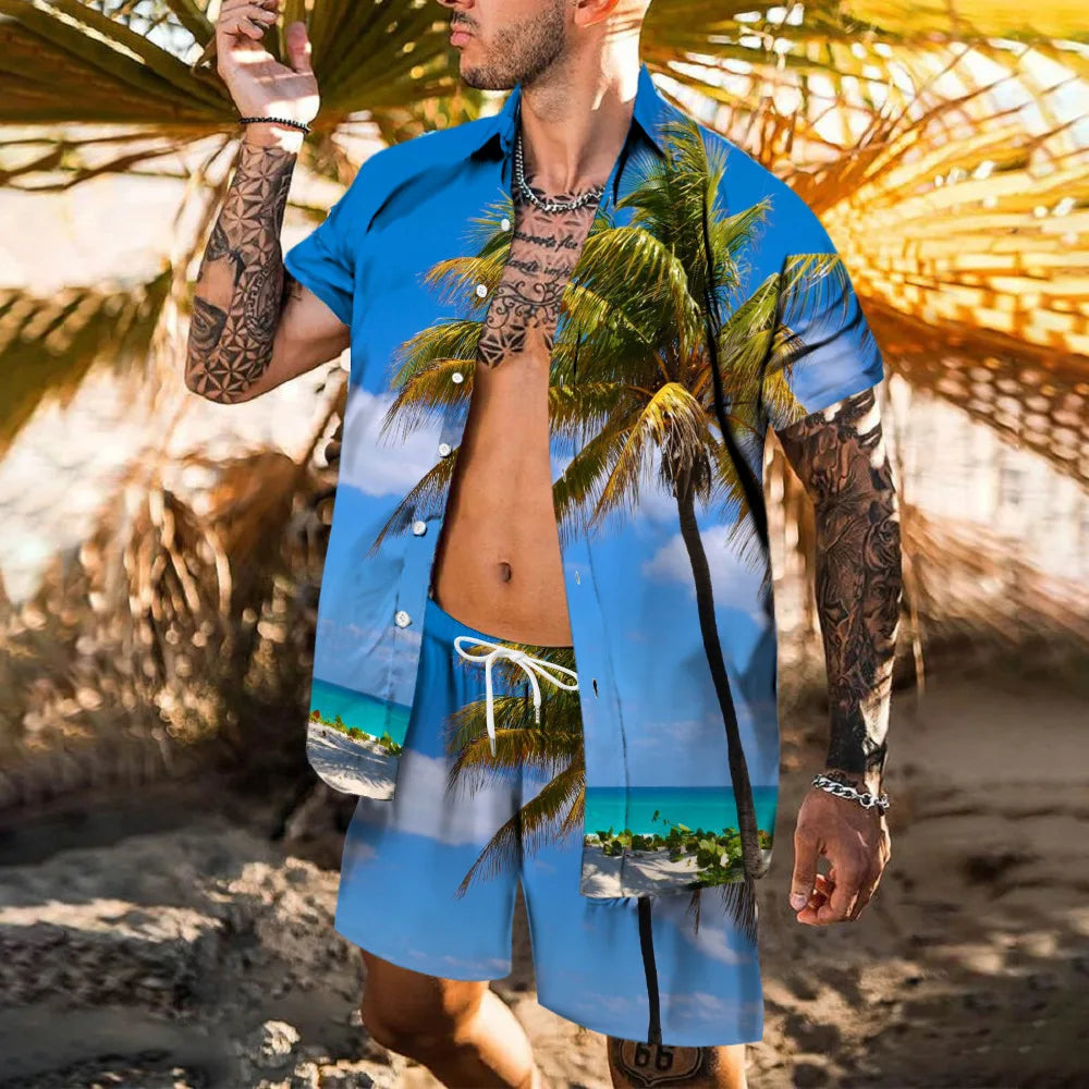 Hawaii Beach Men's Shirt Set Flamingo 3D Printed Loose Short Sleeve Shorts 2Pcs