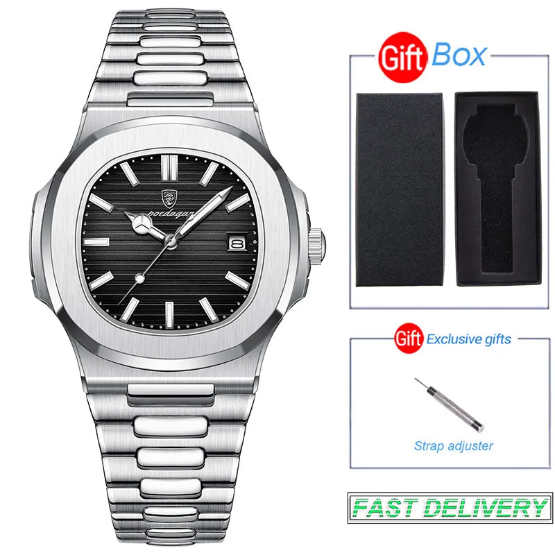 Stainless Steel Men Luxury Luminous Waterproof Square Calendar Quartz Wristwatches