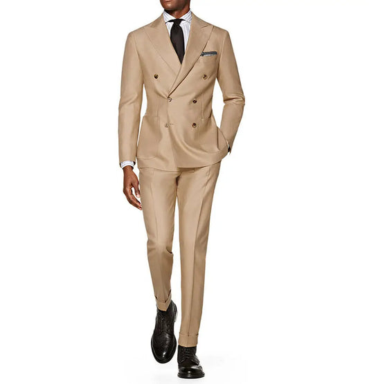 Beige Suit with Peak Lapel Double Breasted Slim Fit Tuxedos 2 Pieces Suits