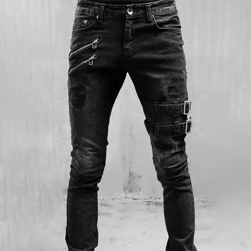 Retro thigh double zipper straight leg jeans men's street wear tight denim pants