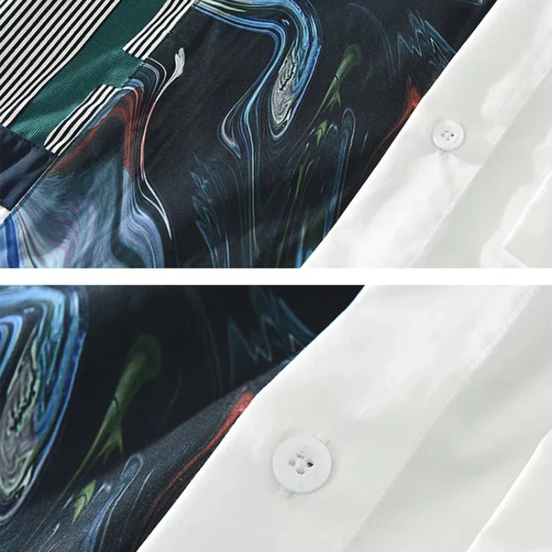 Men's Spliced Square Collar Button Printed Loose Minimalist Long Sleeve Shirts