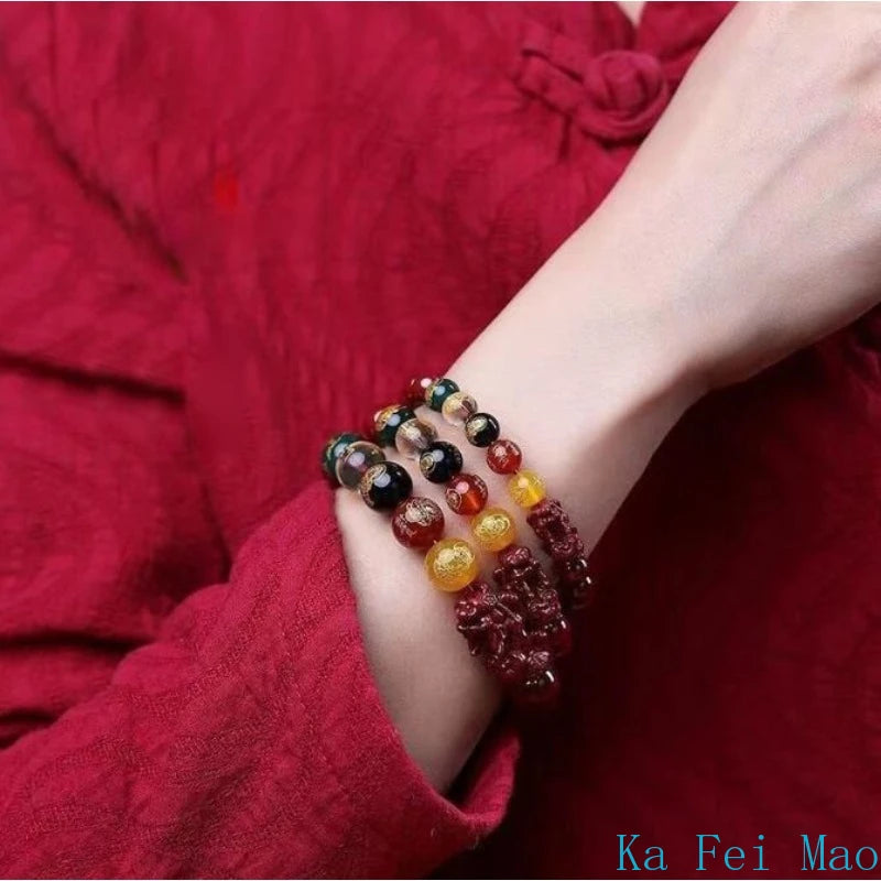 Red Cinnabar Pixiu Vintage Designer Beads Bangle Unisex Charm Carved Bracelet