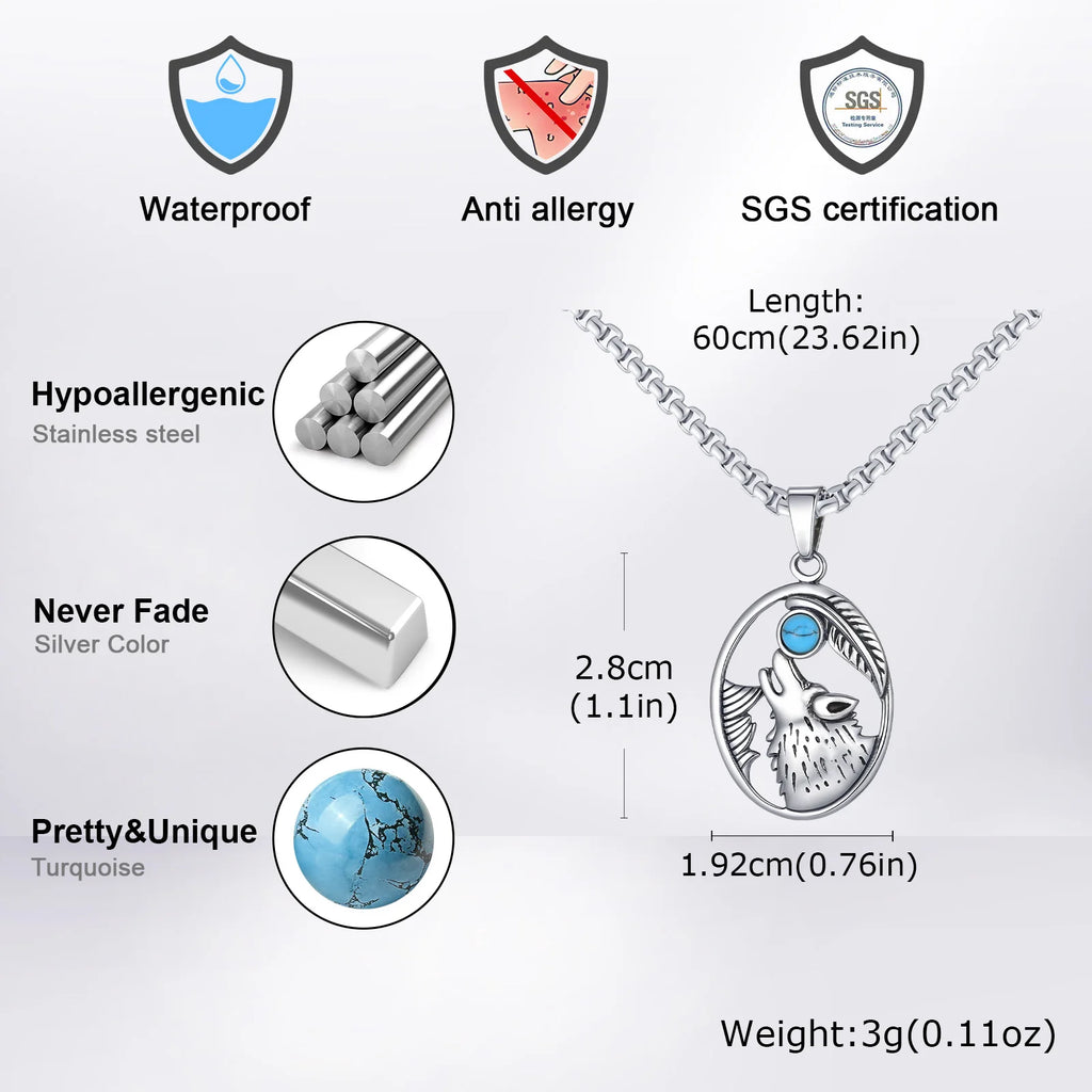 Wolf Head Oval Men's Sliver Stainless Steel Pendant with Turquoise Stone