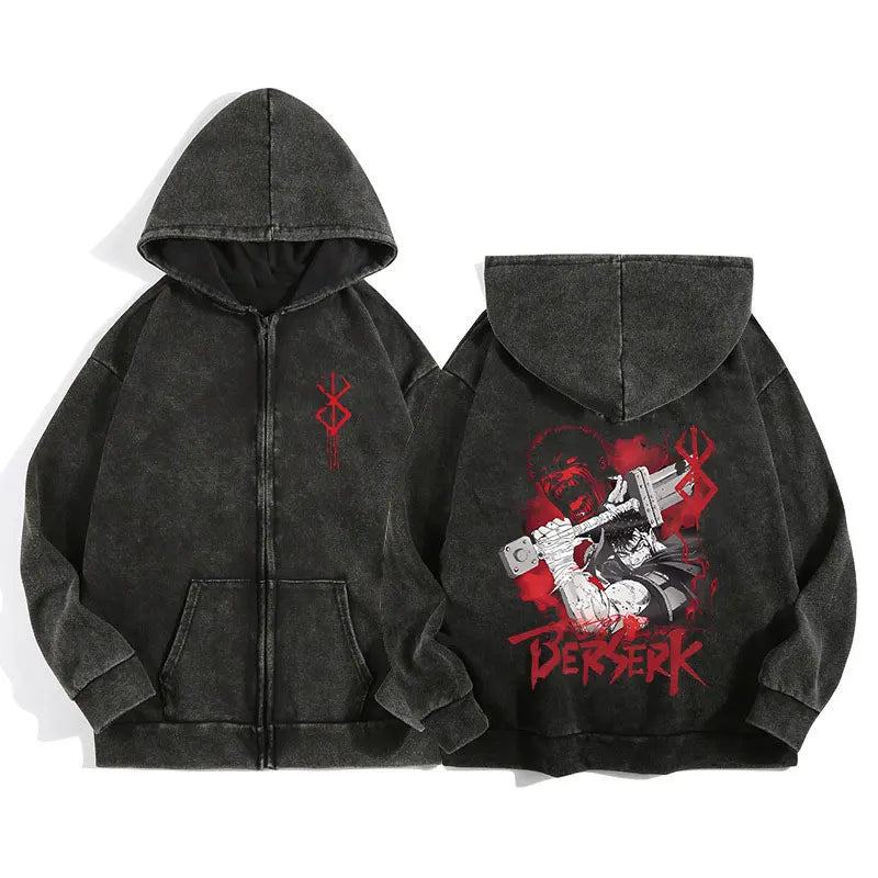 Berserk Wash Zip Up Retro Graphic Hooded Sweatshirt Cotton Unisex Hoodie