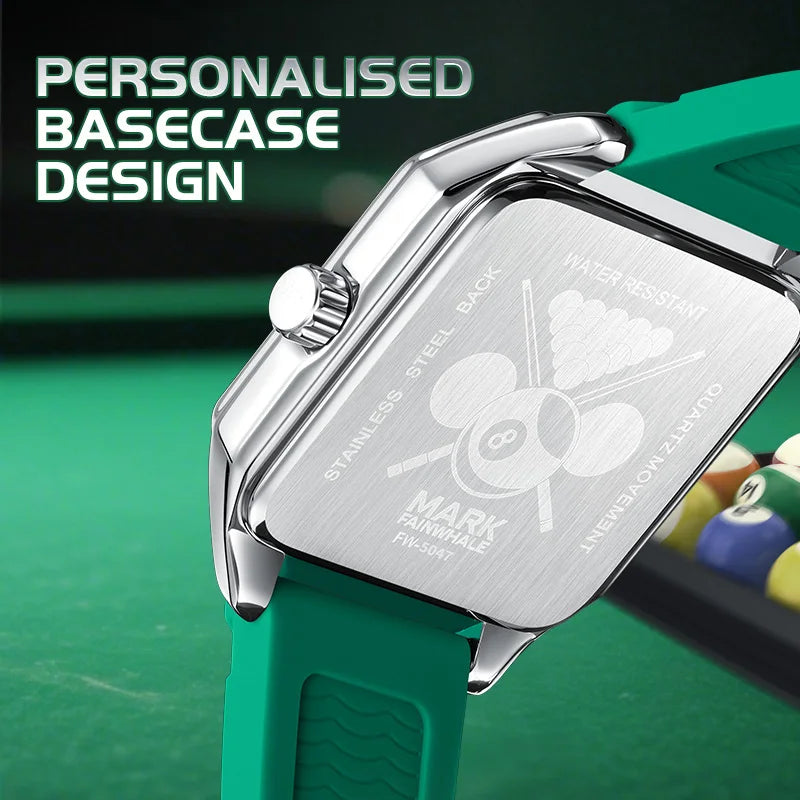 Quartz Square Case Luminous Billiards Dial Rubber Strap Watches for Men