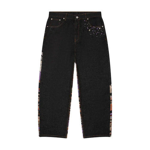 Creative Volcano Starry Sky Pattern Embroidery Design Straight Leg Jeans Men Streetwear