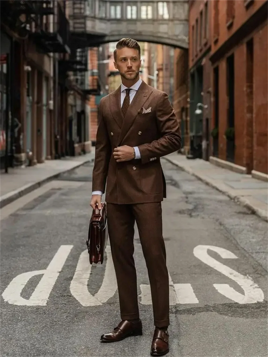 2 pcs brown Business Men Suits Slim Fit Jacket/pants Formal Tailored