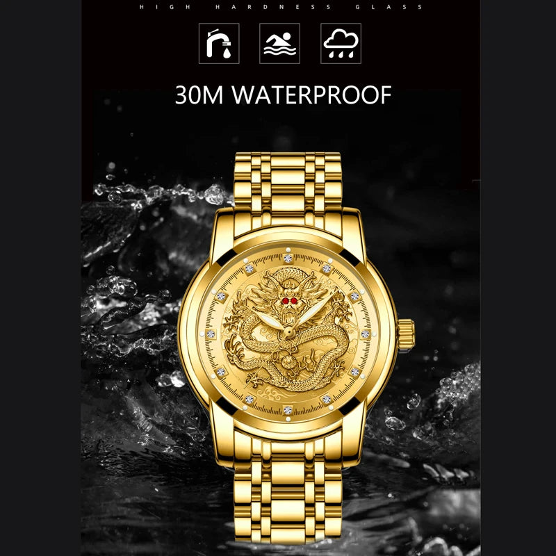 Men's Golden Luxury Watch Waterproof Stainless Steel Dragon Clock