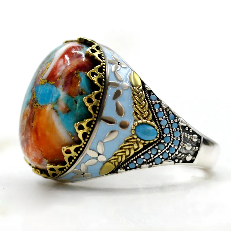 True Silver Türkiye Men's Ring with Big Oyster Turquoise 925 Silver Vintage Resin Ring