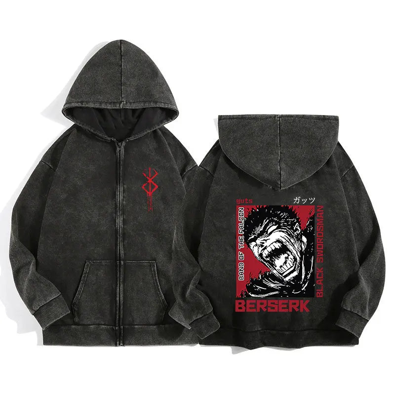 Berserk Wash Zip Up Retro Graphic Hooded Sweatshirt Cotton Unisex Hoodie