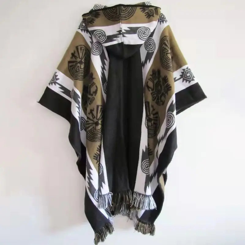 Men's Loose Hooded Printed Cloak Poncho Retro Pullover Jacket