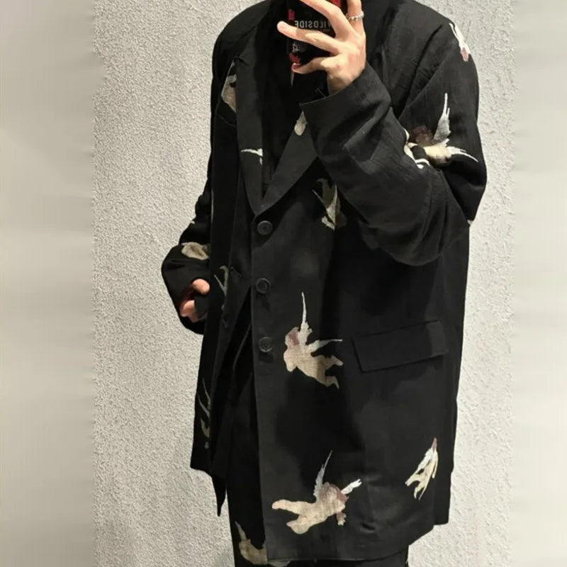 Men's Linen Blend Pattern Printed Blazer Niche Chic Straight Suit Pants