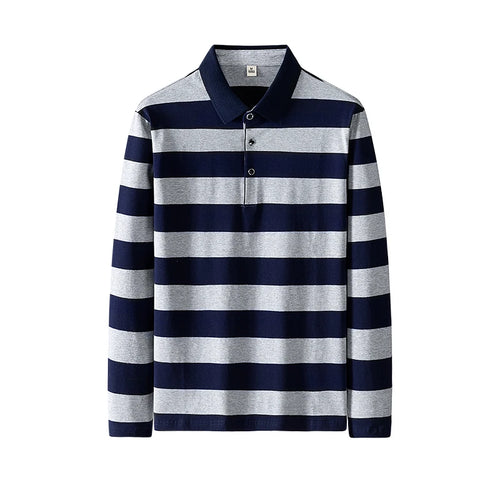 Men Cotton Long Sleeve Stripe Embroidery Casual Polo Shirt