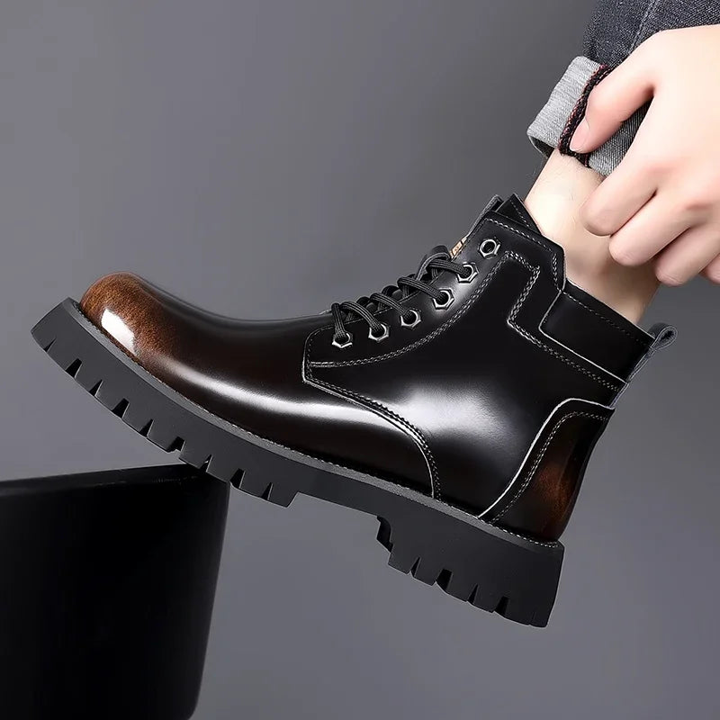 Shiny Genuine Leather Men's Platform A Men High-top Boots