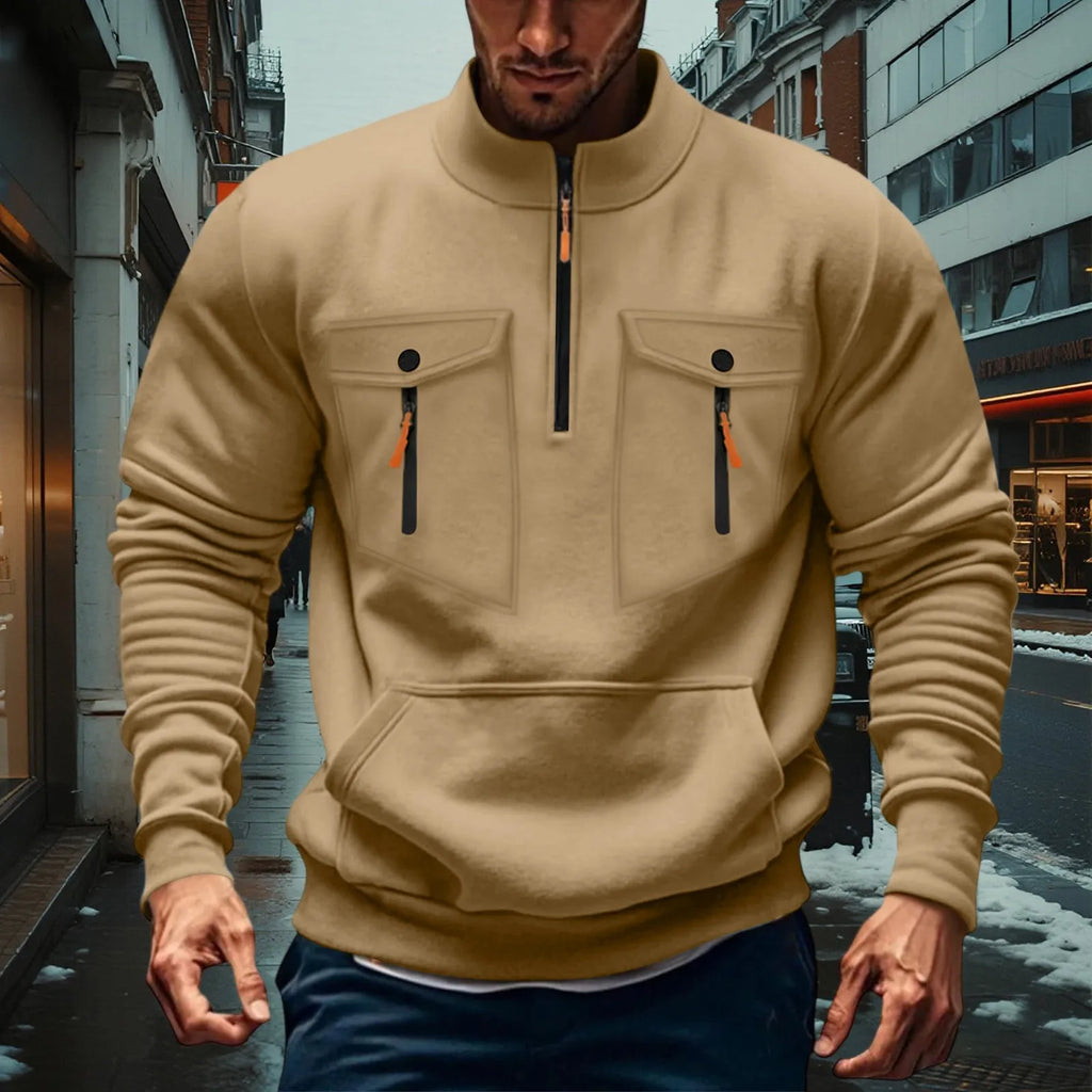 Quarter Zipper Men Stand Up Collar Sweatshirt cargo Long Sleeve Sweatshirt