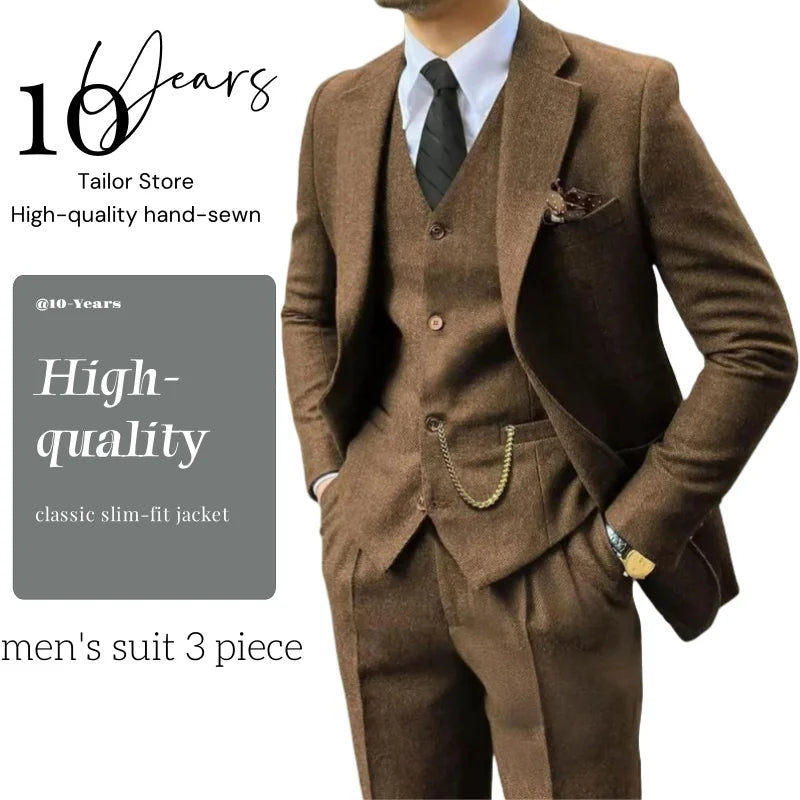 Vintage tweed men's suit 3 piece herringbone slim fit suit( jacket blazer men's vest pants)