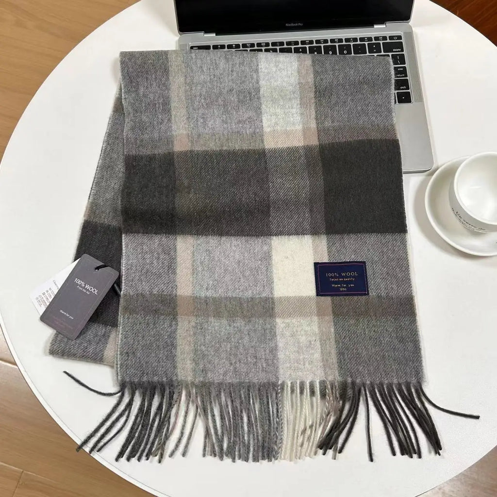 Men 100% Wool Plaid Muffler Cashmere Windproof Stripe Tassel Shaw Thick Scarf