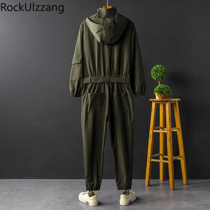 Zip Up Long Sleeve Hooded Jumpsuit Men Streetwear Japanese Romper Overalls