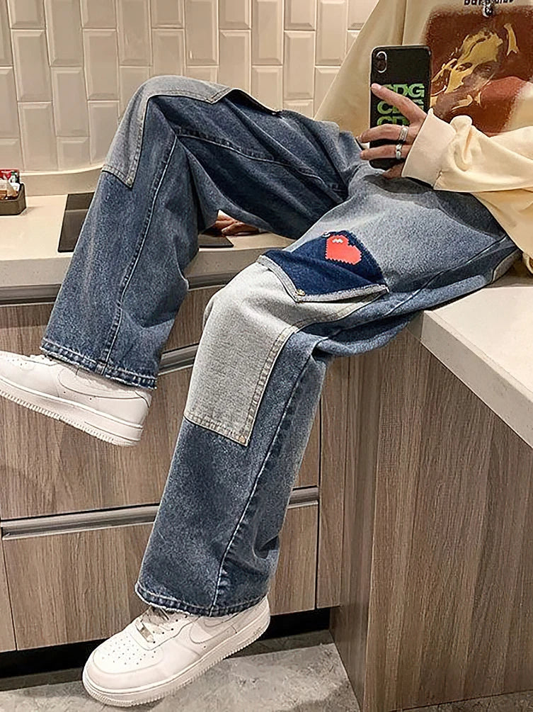 Wide Leg Baggy Cargo Jeans Men Heart Oversize Straight Denim Trousers Streetwear