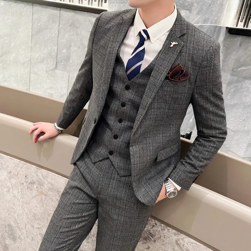 Men's British Three-piece Set Slim Fit Suit Vest Trousers Ensemble Handsome All-in-one