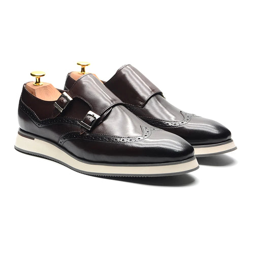 European Men's Genuine Leather Double Monk Strap Wingtip Oxfords Brogue Dress Shoes