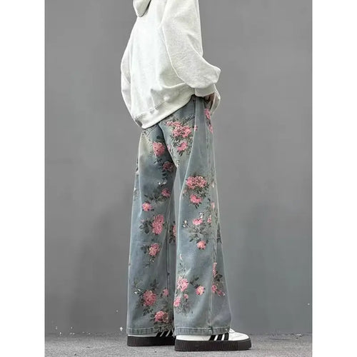 Men trendy straight leg rose blossom jeans American retro pants