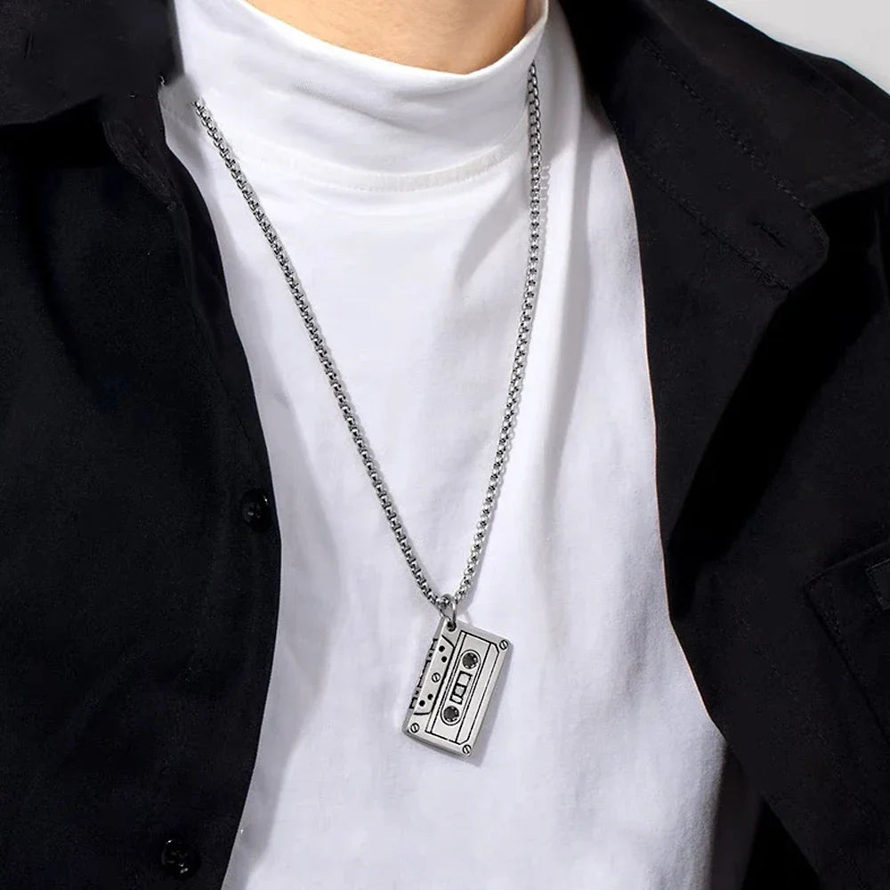 Punk Style Necklace Unisex 316L Stainless Steel Cassette Tape Pendant Chain Jewelry