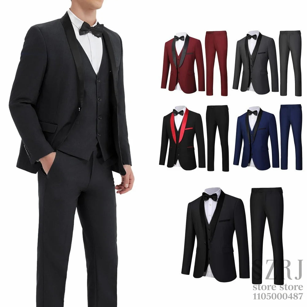 Men's 4pcs Tuxedo Suit: Jacket, Vest, Dress Pants &Pocket Square