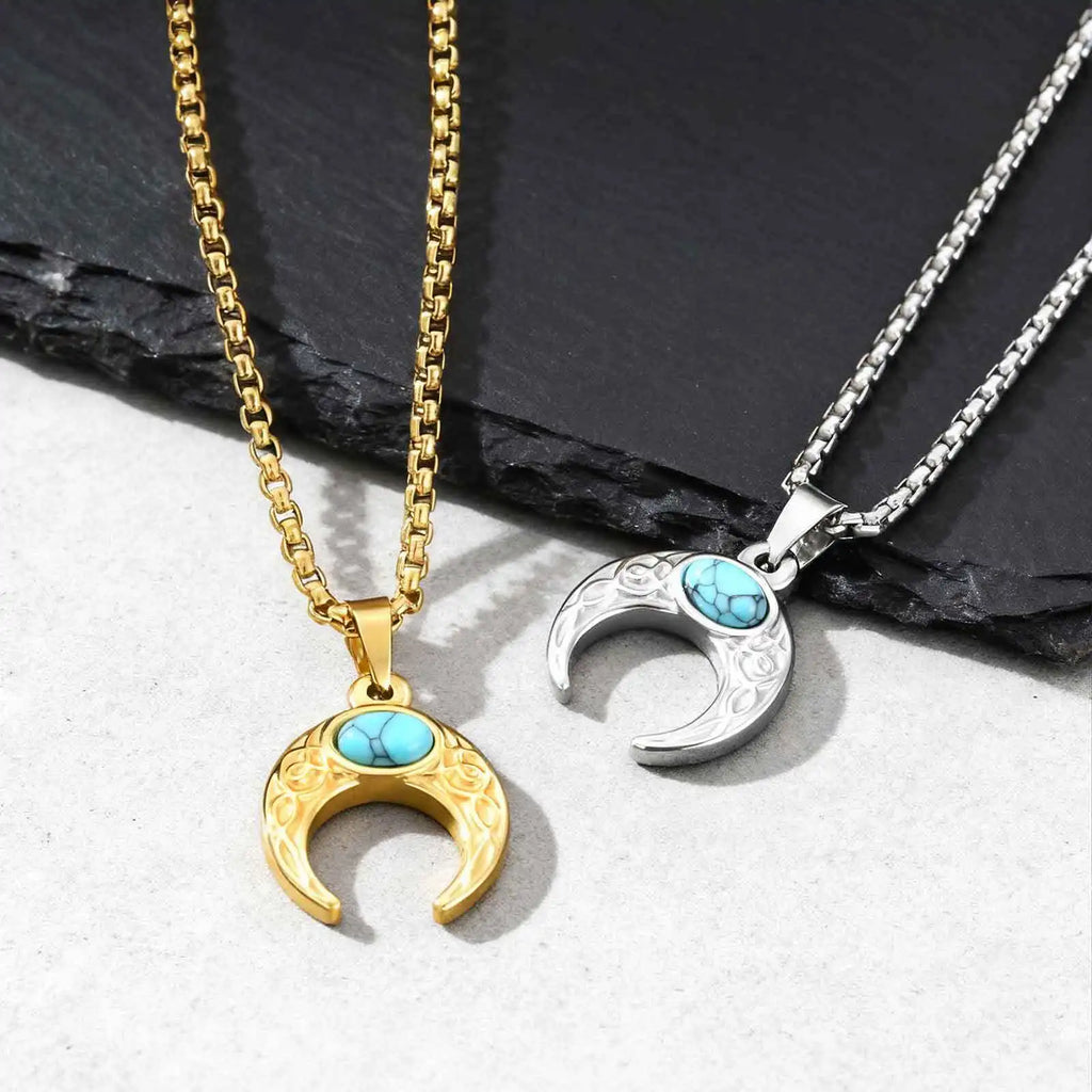 Vintage Moon Necklace for Men Natural Stone Stainless Steel Pendant Jewelry