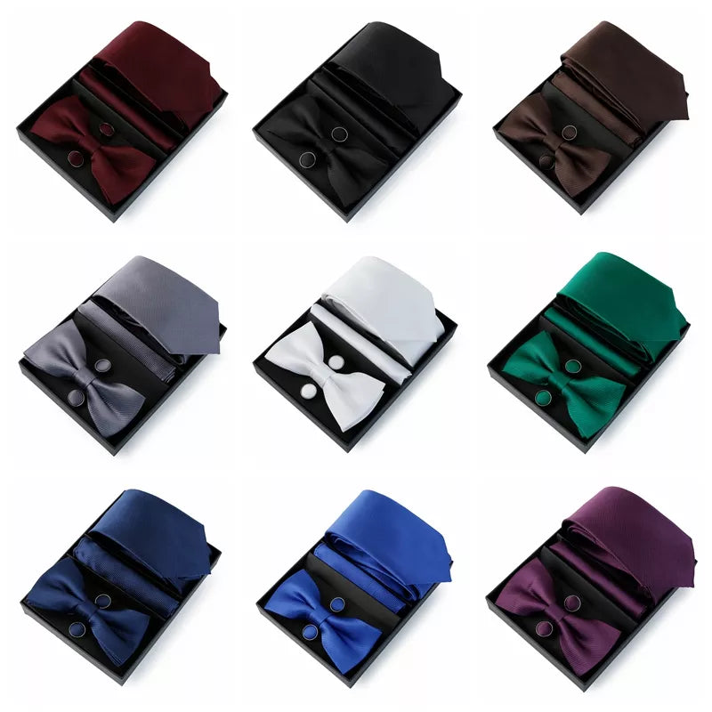 Tie Set For Men (Necktie 7.5cm Solid Color Necktie Bowtie Pocket Square Cufflinks)