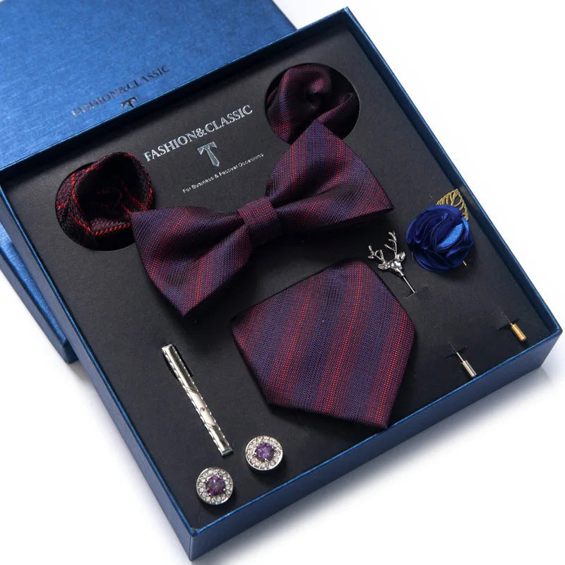 Silk Handkerchief Pocket Squares Cufflink Bow Tie Clip Necktie Set