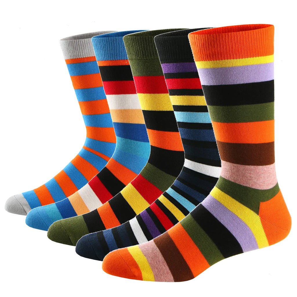 5Pairs Men's Dress Colorful Striped Combed Cotton Novelty Breathable Casual Socks