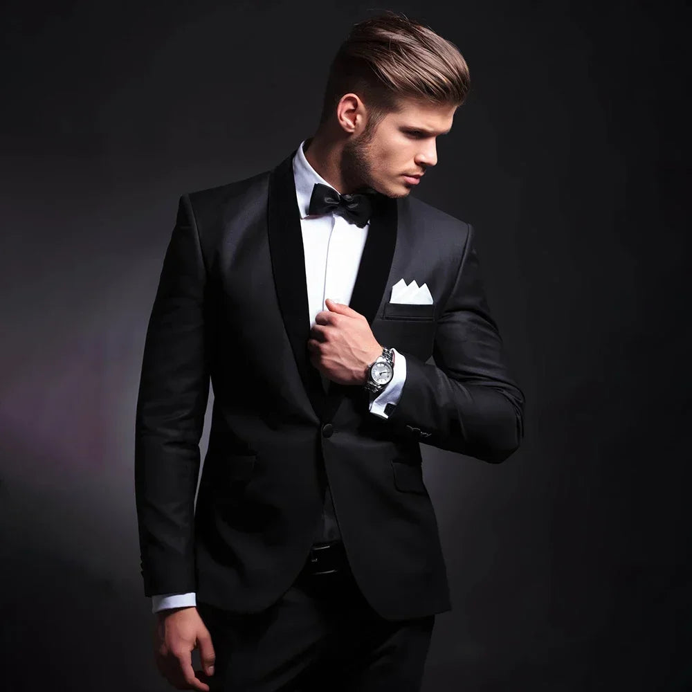 High Quality Men's Suits Black Single Breasted Shawl Lapel Formal 2 Piece Jacket Pants