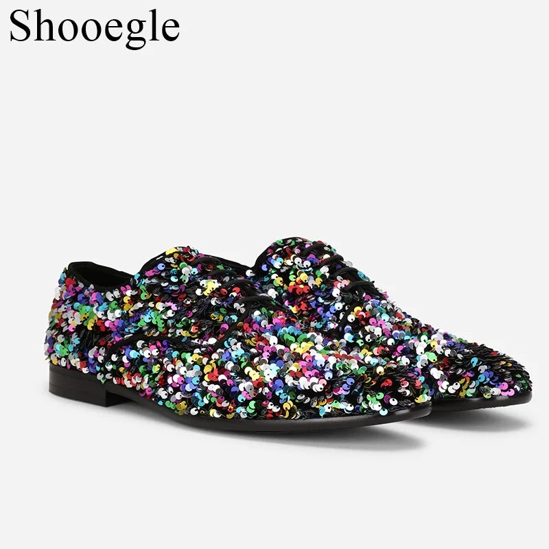 Luxury Mixed Color Bling Loafer Glitter Handmade Dress Shoes Men's Flats