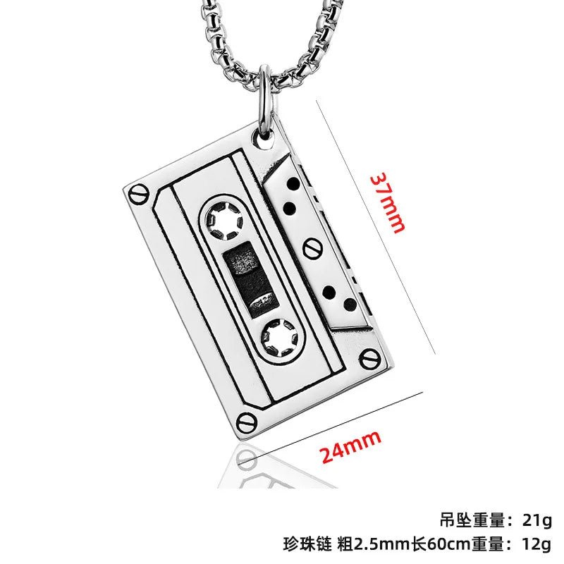 Punk Style Necklace Unisex 316L Stainless Steel Cassette Tape Pendant Chain Jewelry
