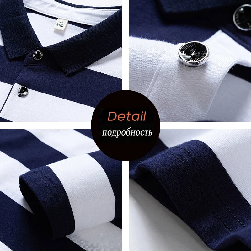Men Cotton Long Sleeve Stripe Embroidery Casual Polo Shirt