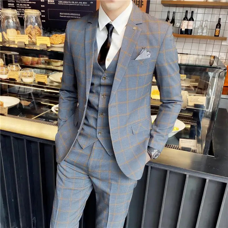 Men's British Three-piece Set Slim Fit Suit Vest Trousers Ensemble Handsome All-in-one