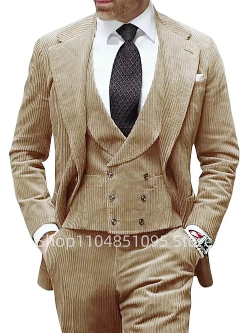 Corduroy Men's Suit Formal Tuxedo Slim Fit Blazer 3-piece Set Elegant Suit Men XS-6XL