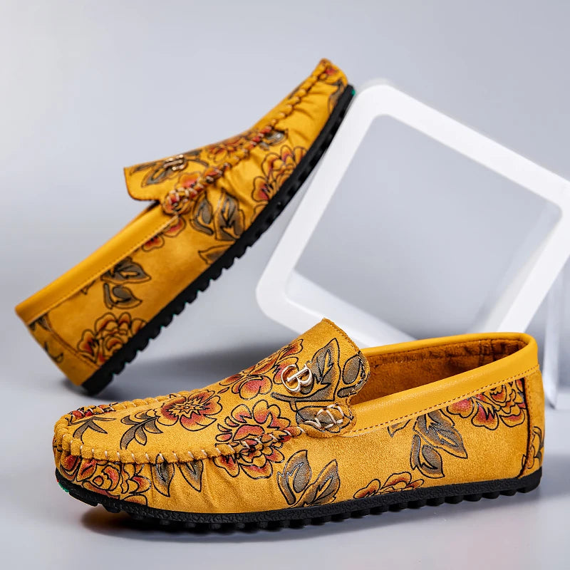 Rose Print Loafers Flats High Quality Suede Casual Shoes For Man