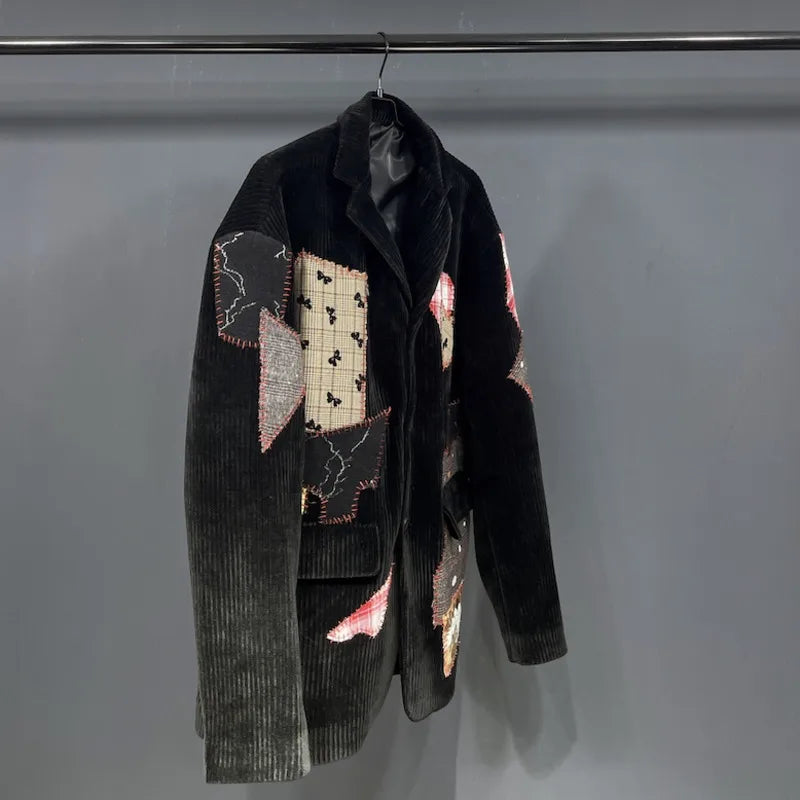 Man Tide Corduroy Patchwork Design Large Long Sleeve Suit-Coats Niche Chic Blazer