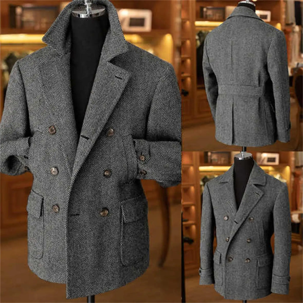 Men's Vintage Herringbone Tweed Blazer British Double Breasted Lightweight Coat